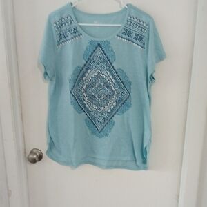 Style & Co. Aqua Blue Patterned Short Sleeve Tee